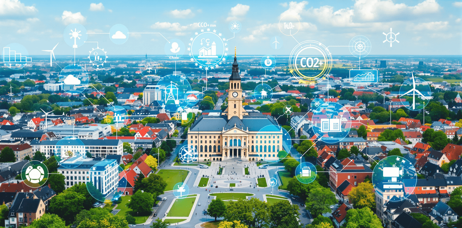 Stadtansicht mit Rathaus und Wohnhäusern, überlagert von digitalen Daten-Visualisierungen zu Klimaschutz und Energie – Symbolbild für das KEEN-Monitoring-Tool zur kommunalen Wärmewende.