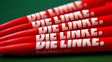 Kugelschreiber mit dem Logo der Partei Die Linke. Foto: Christian Charisius/Archivbild