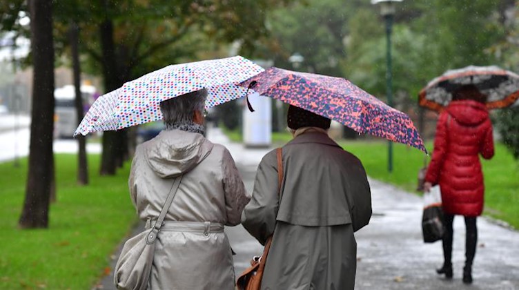 Frauen mit Regenschirm spazieren durch Erfurt. Foto: Martin Schutt/Archivbild