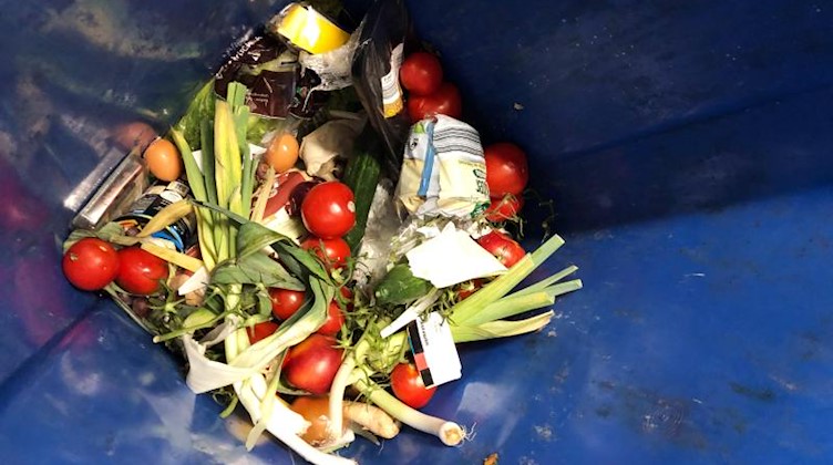 Weggeschmissene Lebensmittel liegen in einer Mülltonne. Foto: Christiane Raatz/dpa-Zentralbild/dpa