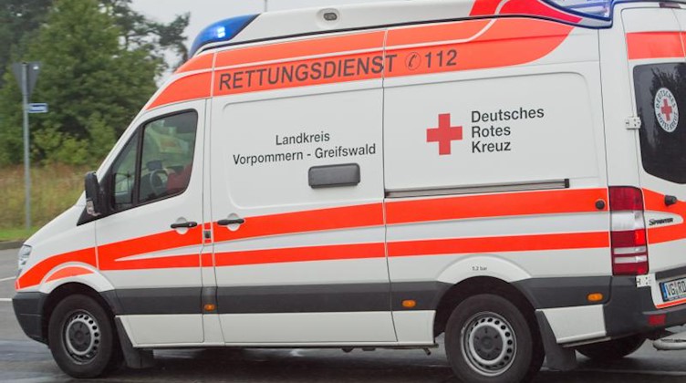 Ein Notarztwagen des Rettungsdienst fährt mit eingeschaltetem Blaulicht. . Foto: Stefan Sauer/dpa-Zentralbild/dpa