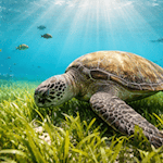 Weltweit existieren rund 70 Seegrasarten, die vor allem in flachen Küstengewässern wachsen und dort dichte Unterwasserwiesen bilden. Foto: KI generiert