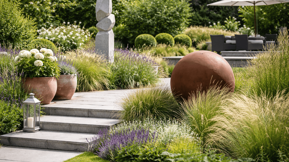 Gezielt platzierte Deko- und Kunstelemente gliedern den Garten, schaffen Sichtachsen und ergänzen Pflanzen und Architektur. Foto: KI generiert