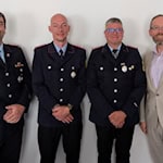 v. l. n. r.: Stellvertretender Stadtbrandmeister Florian Becker, stellvertretender Ortsbrandmeister Ralf Naumann, Ortsbrandmeister Sven Morich-Pulst, Bürgermeister Christopher Wagner. Foto Stadt Herzberg