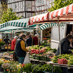 Frisches Obst, Gemüse und Blumen prägen das Bild des Eschweger Wochenmarktes. Das verwendete Symbolbild wurde mithilfe künstlicher Intelligenz erstellt.