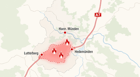 Die Grafik zeigt den Bereich zwischen Lutterberg und Hedemünden, in dem sich der Waldbrand am Montag ausgebreitet hatte. Das Feuer ist inzwischen unter Kontrolle. Grafik: KI-generiert / Symbolische Darstellung