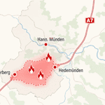 Die Grafik zeigt den Bereich zwischen Lutterberg und Hedemünden, in dem sich der Waldbrand am Montag ausgebreitet hatte. Das Feuer ist inzwischen unter Kontrolle. Grafik: KI-generiert / Symbolische Darstellung