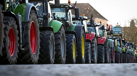Traktoren stehen aus Protest auf einer Straße. / Foto: Heiko Rebsch/dpa/Symbolbild