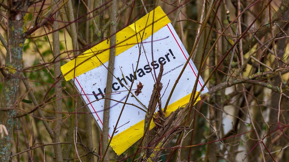 Ein Plakat „Hochwasser!“ hängt  in einer Hecke. / Foto: Andreas Arnold/dpa