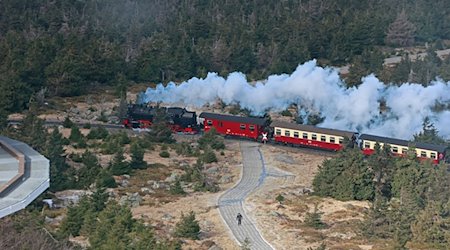 Ein Zug der Harzer Schmalspurbahnen kommt auf dem Brocken an. / Foto: Matthias Bein/dpa