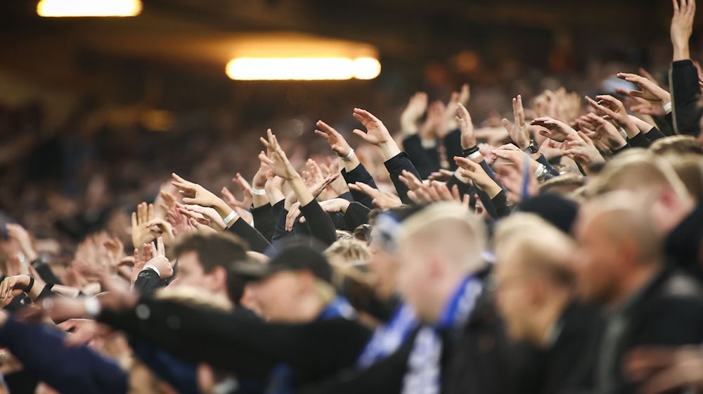 Fußballfans jubeln im Stadion. / Foto: Christian Charisius/dpa/Symbolbild