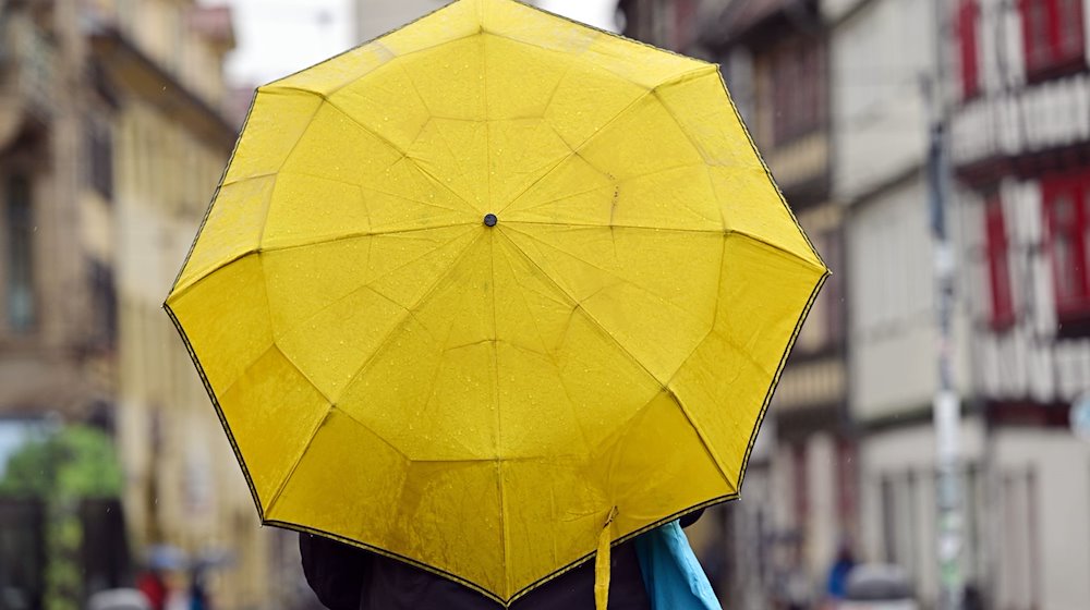 Eine Frau hält einen Regenschirm. / Foto: Martin Schutt/dpa