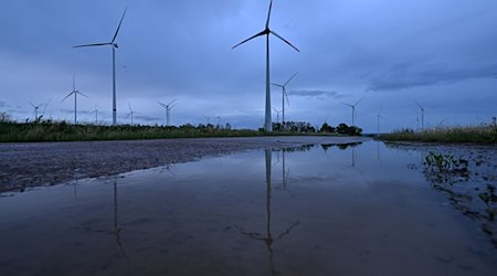 Windräder spiegeln sich in der Morgendämmerung auf in einer Pfütze am Windpark bei Westhausen. / Foto: Martin Schutt/dpa/Archivbild