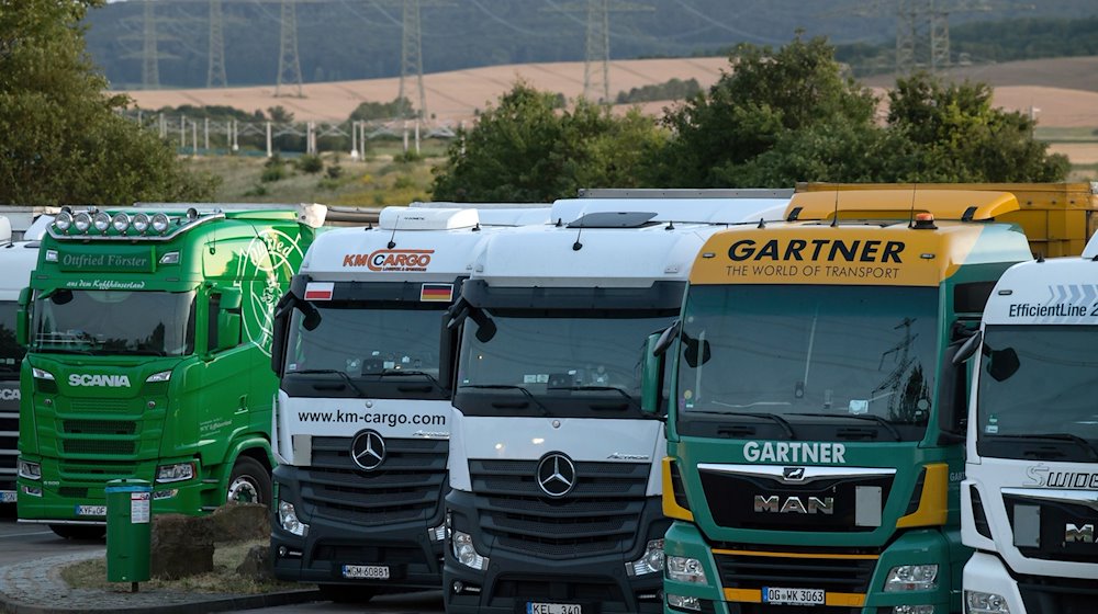 LKW stehen dicht am Abend auf dem Autobahnparkplatz Dornheimer Rieth. / Foto: Michael Reichel/dpa-Zentralbild/dpa/Symbolbild