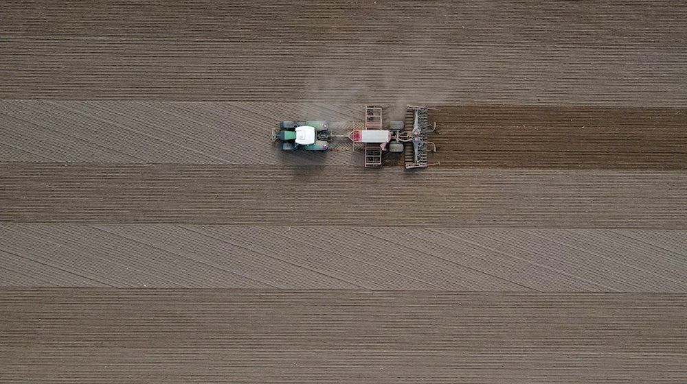 Ein Landwirt fährt mit seinem Traktor über ein Feld und bringt Saatgut in den Boden aus. / Foto: Patrick Pleul/dpa/Symbolbild