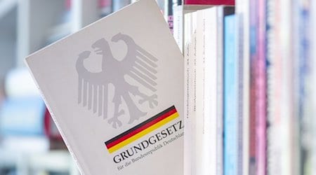 Ein Grundgesetz steckt in einem Bücherregal. Das Grundgesetz der Bundesrepublik feiert in diesem Jahr seinen 75. Geburtstag. / Foto: Hendrik Schmidt/dpa/Illustration