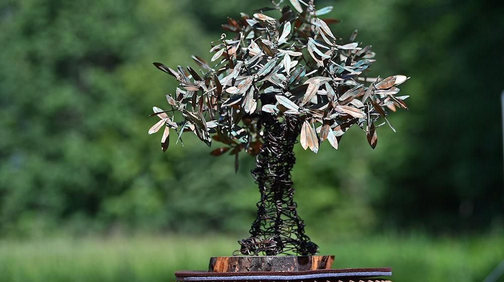 Ein Modell der «Paradiesbaum»-Skulptur: Die acht Meter Skulptur ist eine hohe Olivenbaum-Nachbildung aus Metall und steht auf dem Petersberg in Erfurt. Sie entstand im Rahmen der jüdisch geprägten Achava-Festspiele. / Foto: Martin Schutt/dpa-Zentralbild/dpa