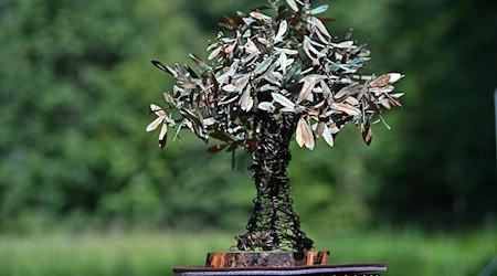 Ein Modell der «Paradiesbaum»-Skulptur: Die acht Meter Skulptur ist eine hohe Olivenbaum-Nachbildung aus Metall und steht auf dem Petersberg in Erfurt. Sie entstand im Rahmen der jüdisch geprägten Achava-Festspiele. / Foto: Martin Schutt/dpa-Zentralbild/dpa