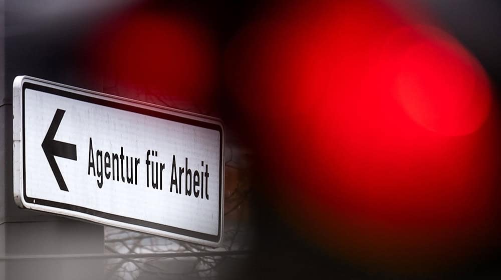 Eine rote Ampel leuchtet vor einem Schild, das auf die Agentur für Arbeit hinweist. / Foto: Sina Schuldt/dpa