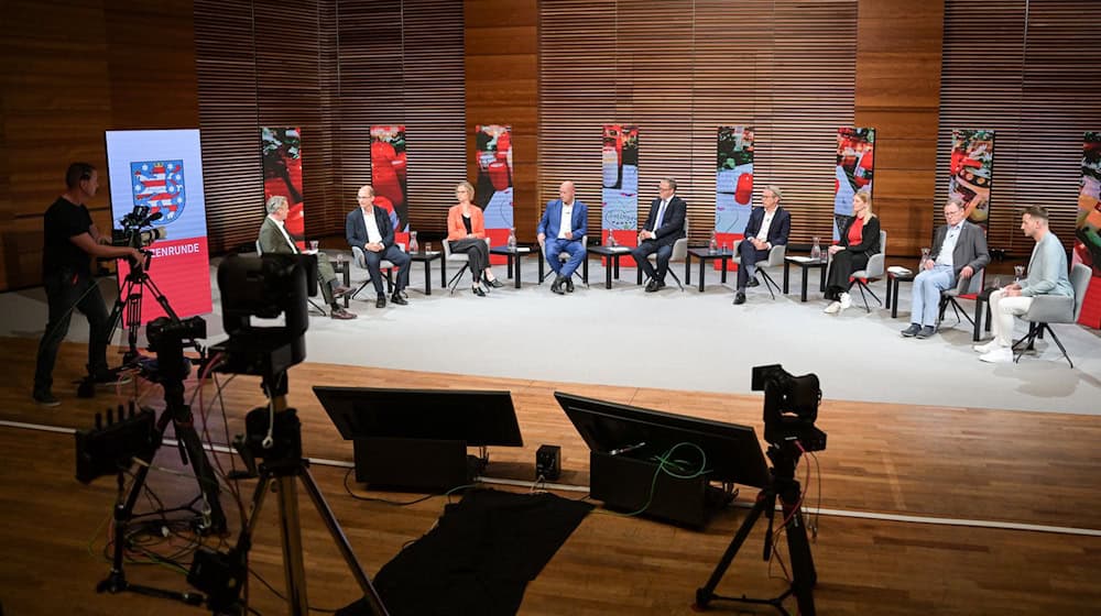 In einer TV-Runde trafen fast alle Thüringer Spitzenkandidaten der aussichtsreichen Parteien aufeinander. Björn Höcke von der AfD fehlte aus gesundheitlichen Gründen. / Foto: Hannes P. Albert/dpa