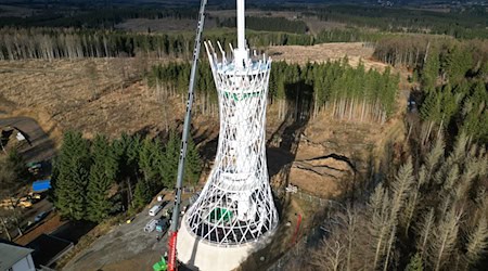 Der Stiel für den Besen: Tonnenschwere Stahlelemente sollen als Spitze die Besenstiel-Optik des Aussichtsturms bilden. / Foto: Matthias Bein/dpa