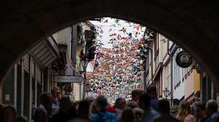 Traditionell wird die zwischen den Häusern auf der Krämerbrücke zum Krämerbrückenfest eine Kunstinstallation angebracht. (Archivbild) / Foto: Jacob Schröter/dpa