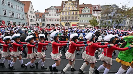 Für die Organisatoren der Thüringer Karnevalsumzüge werden Kosten und Auflagen für Sicherheitsvorkehrungen zunehmend zum Problem. Ein runder Tisch soll nun Lösungen bringen. (Archivfoto) / Foto: Martin Schutt/dpa