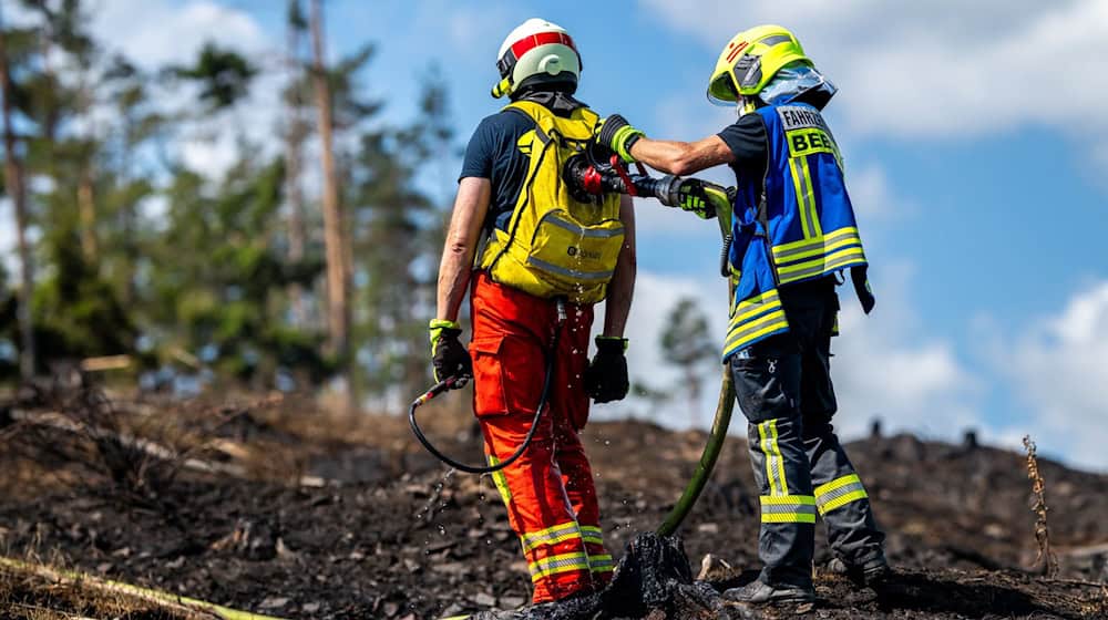Mit Löschrucksäcken gehen die Feuerwehrleute etwa gegen Glutnester vor.  / Foto: Jacob Schröter/dpa