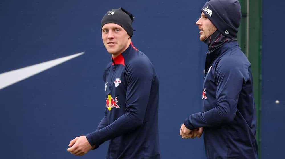  Xaver Schlager (l) und Timo Werner sind mit Kevin Kampl zurück im Mannschaftstraining von RB Leipzig.(Archivbild) / Foto: Jan Woitas/dpa