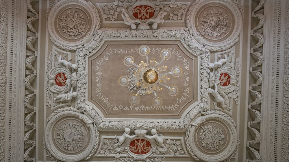 Blick auf die Stuckdecke im Gemach der Herzogin Maria Amalia im Schloss Moritzburg. / Foto: Heiko Rebsch/dpa