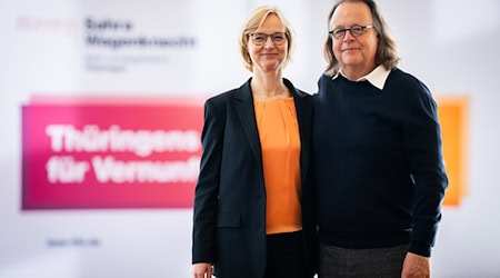 Die Landesvorsitzenden des BSW Thüringen, Katja Wolf und Gernot Süßmuth. (Archivbild) / Foto: Jacob Schröter/dpa