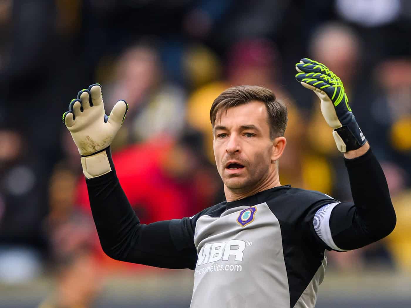 Aue-Keeper Martin Männel kassierte gegen Hoffenheim fünf Gegentore. (Archivbild) / Foto: Robert Michael/dpa