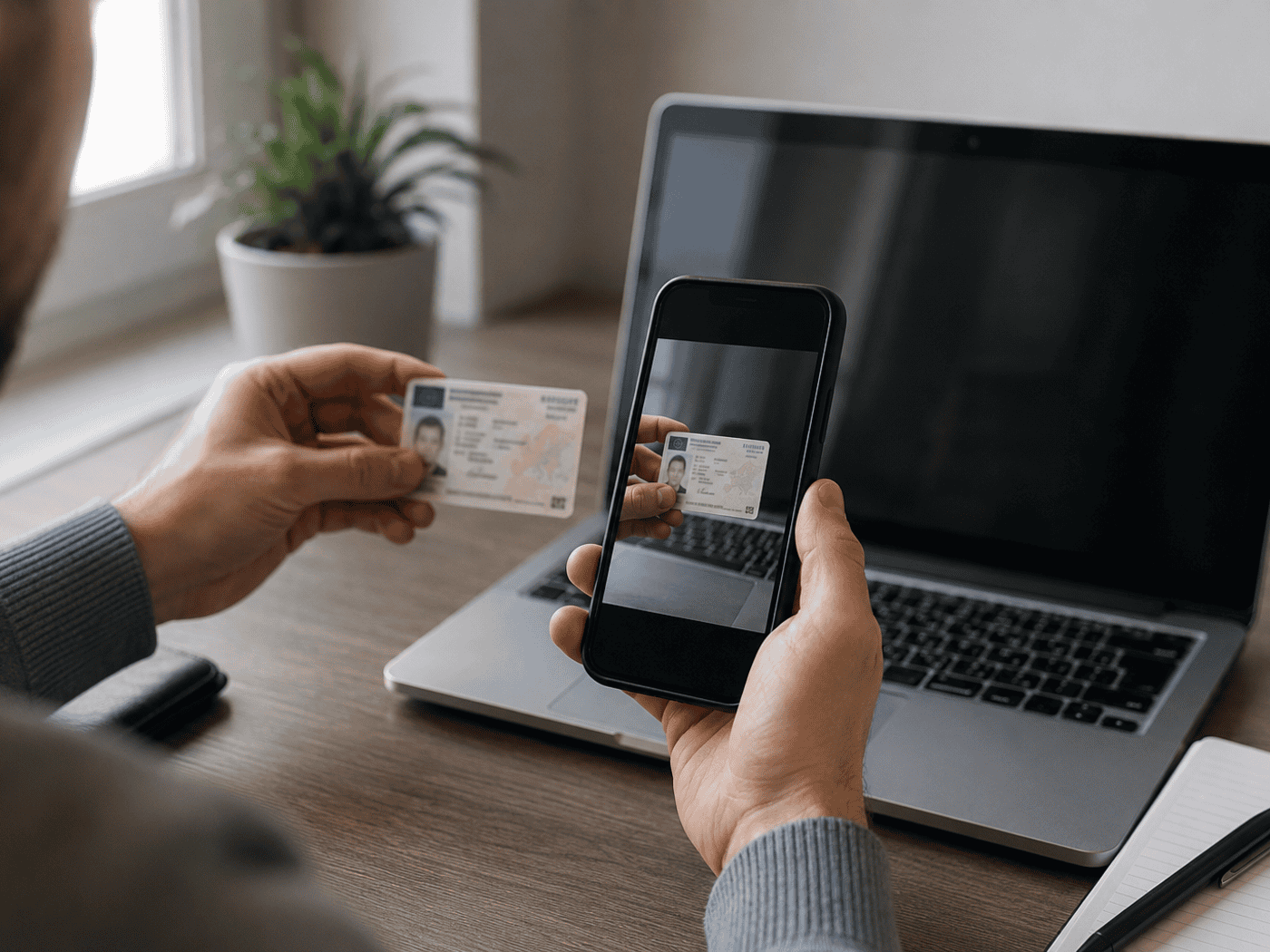 Person hält Personalausweis und Smartphone mit Ausweis-Scan vor einem Laptop.