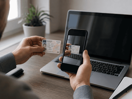 Person hält Personalausweis und Smartphone mit Ausweis-Scan vor einem Laptop.