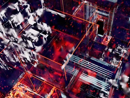 Abstraktes, futuristisches Digital-Design mit roten Akzenten und geometrischen Strukturen
