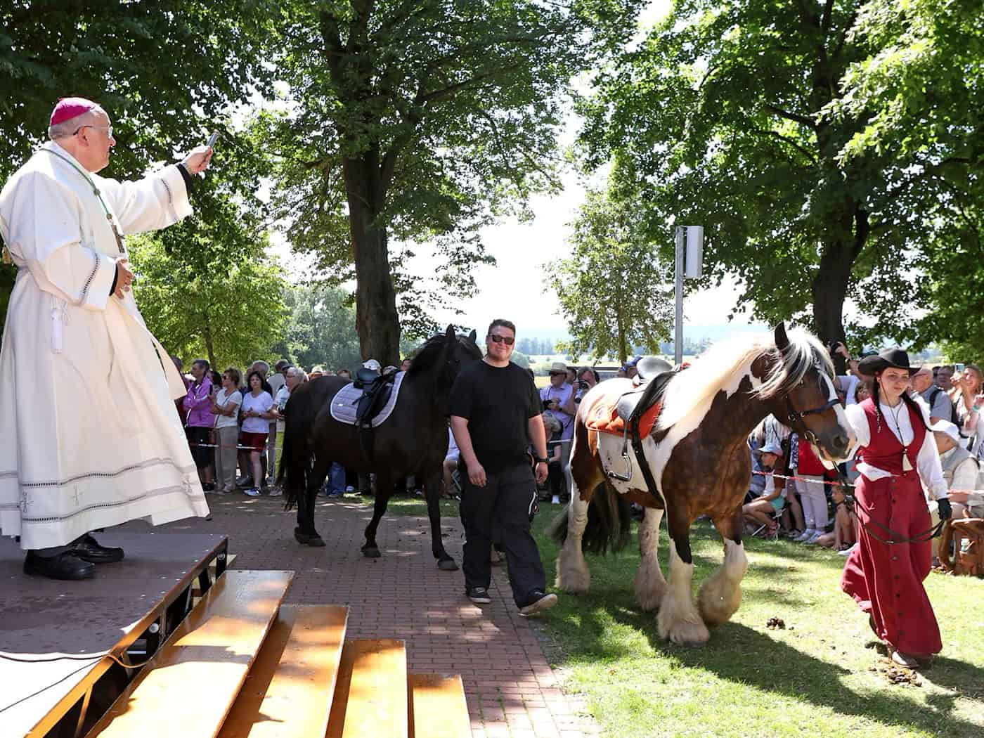 Etwa 150 Pferde wurden bei der traditionellen Pferdewallfahrt an der Kapelle Etzelsbach gesegnet. / Foto: Matthias Bein/dpa