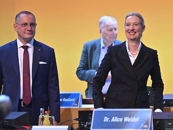 Die Begrüßungsrede hält der Co-Parteivorsitzende, Tino Chrupalla. / Foto: Martin Schutt/dpa