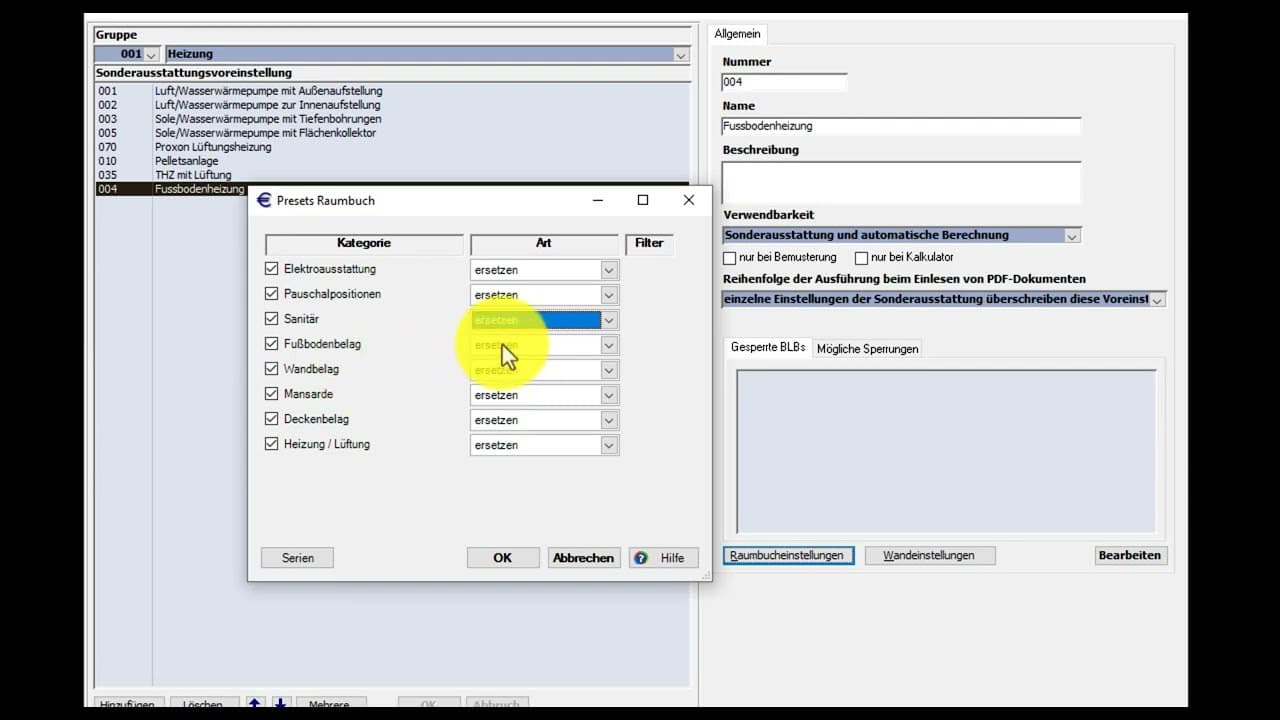 Sonderausstattungsvoreinstellung Raumbuch