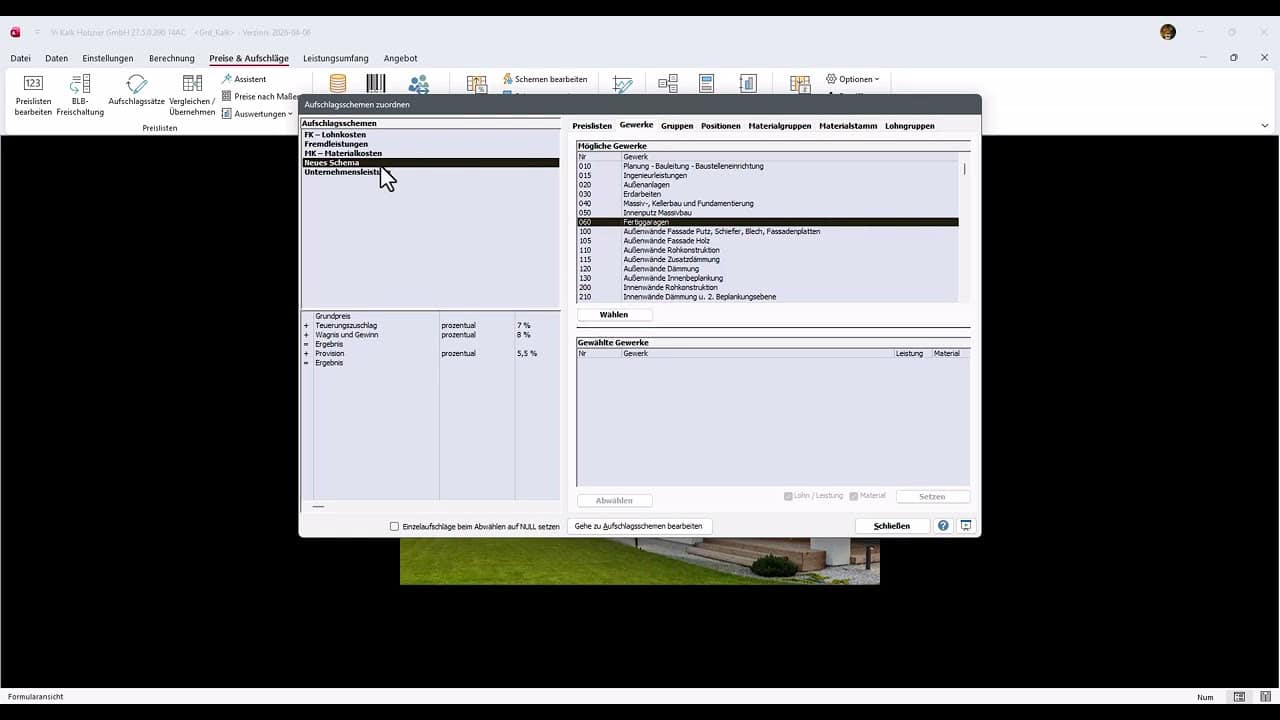 Preiskalkulation - Aufschlagschemen zuordnen