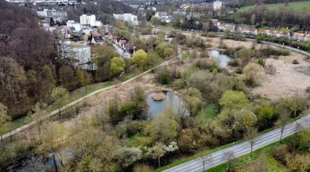 Blick auf das Gelände der Landesgartenschau Bad Gandersheim mit dem Auepark im Vordergrund und Teilen der Stadt im Hintergrund (Aufnahme mit einer Drohne). / Foto: Swen Pförtner/dpa