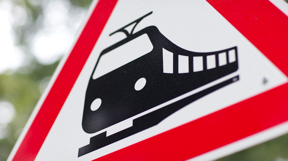 Blick auf ein Warnschild für einen unbeschrankten Bahnübergang. / Foto: Friso Gentsch/dpa