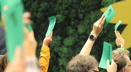 Teilnehmer halten bei der Landesmitgliederversammlung der Bremer Grünen während einer Abstimmung Stimmkarten hoch. / Foto: Focke Strangmann/dpa