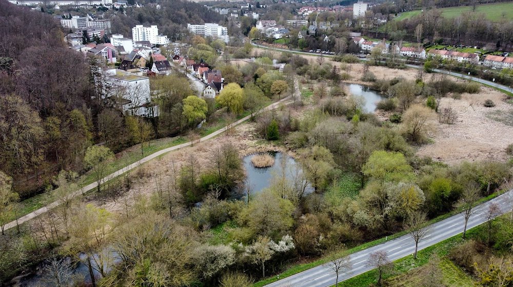 Blick auf das Gelände der Landesgartenschau Bad Gandersheim mit dem Auepark im Vordergrund und Teilen der Stadt im Hintergrund. / Foto: Swen Pförtner/dpa