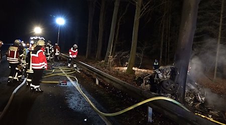 Einsatzkräfte der Feuerwehr löschen ein brennendes Auto im Wald. / Foto: -/Nord-West-Media