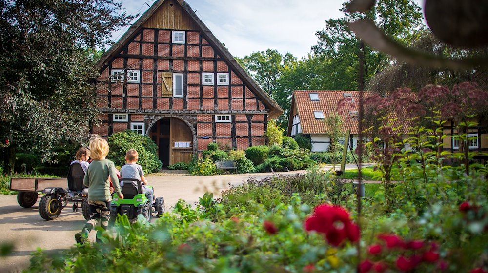 Kinder spielen auf einem Bauernhof in Niedersachsen. / Foto: Sina Schuldt/dpa