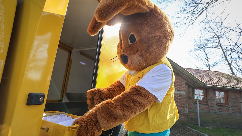 Ein als Hanni Hase verkleideter Mann holt Briefe für das Osterpostamt in Ostereistedt ab. / Foto: Focke Strangmann/dpa