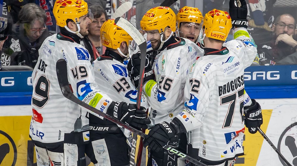 Die Fischtown Pinguins aus Bremerhaven haben erstmals das DEL-Viertelfinale erreicht. / Foto: Andreas Gora/dpa/Archivbild