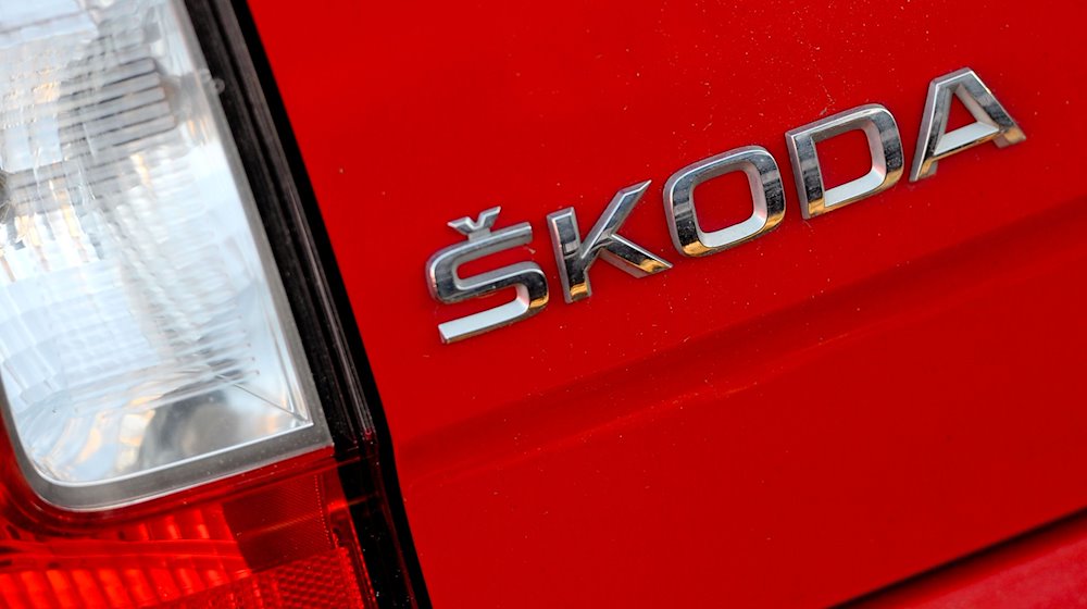 Das klassische Skoda-Logo, noch mit dem Häkchen über dem S, aufgenommen an der Rückseite eines Fahrzeugs. / Foto: Peter Steffen/dpa/Archivbild