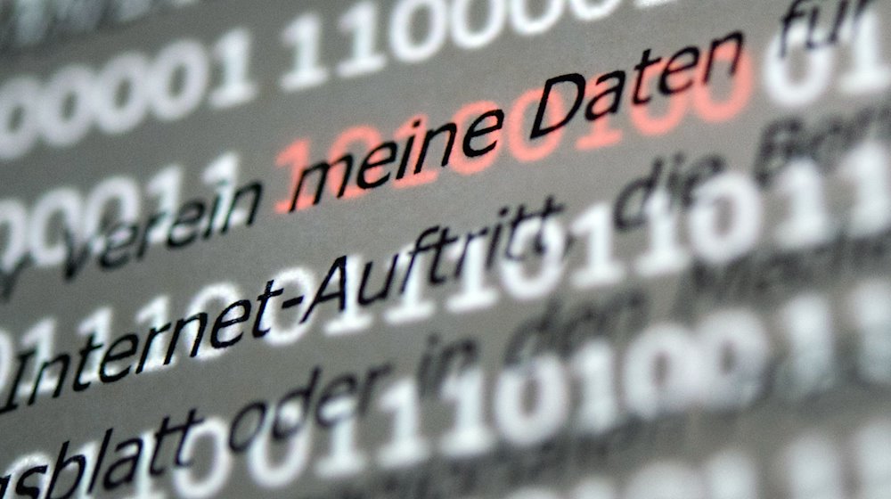 Der Abschnitt "meine Daten" einer Musterdatenschutzerklärung wird von roten Einsen und Nullen hervorgehoben, die auf einem Bildschirm zu sehen sind. / Foto: Sebastian Gollnow/dpa/Archivbild