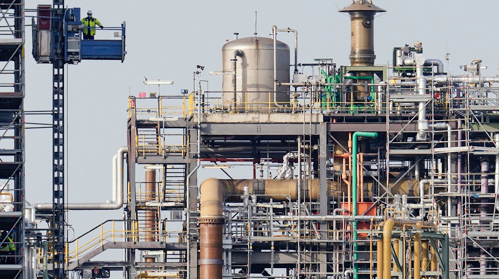 Ein Arbeiter fährt neben Gebäuden auf dem Werksgelände des Chemiekonzerns BASF in einem Aufzug. / Foto: Uwe Anspach/dpa